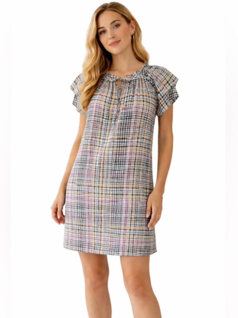 Loft Preppy Houndstooth Flutter Sleeve Boho Button Midi Dress Women's Medium